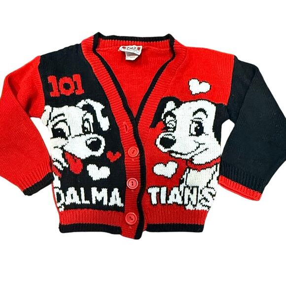Vintage 90s Disney 101 Dalmatians Jet Set Knit Cardigan Sweater 4T Red Black - Picture 1 of 14